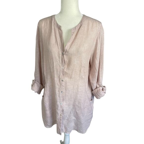 Sigrid Olsen 100% Linen Button Front Tunic Top Roll Tab Sleeve Pink Size Large - Picture 3 of 12